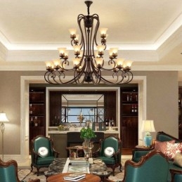 Lampadario in metallo con 24 luci, soffitto alto, stile vintage, stile country, con paralumi in vetro, soffitto alto