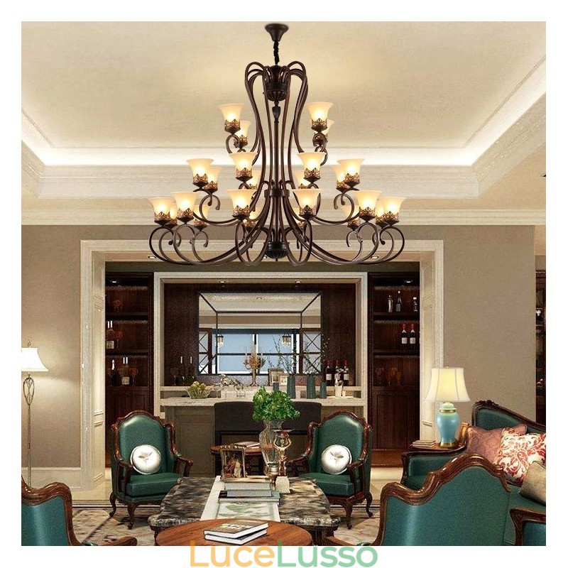 Lampadario in metallo con 24 luci, soffitto alto, stile vintage, stile country, con paralumi in vetro, soffitto alto