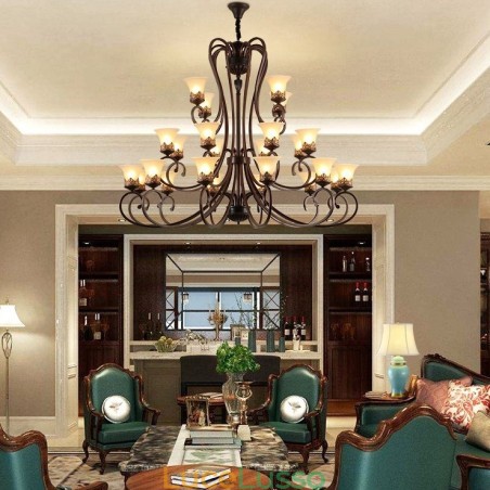 Lampadario in metallo con 24 luci, soffitto alto, stile vintage, stile country, con paralumi in vetro, soffitto alto Lampadario in metallo con 24 luci, soffitto alto, stile vintage, stile country, con paralumi in vetro, soffitto alto