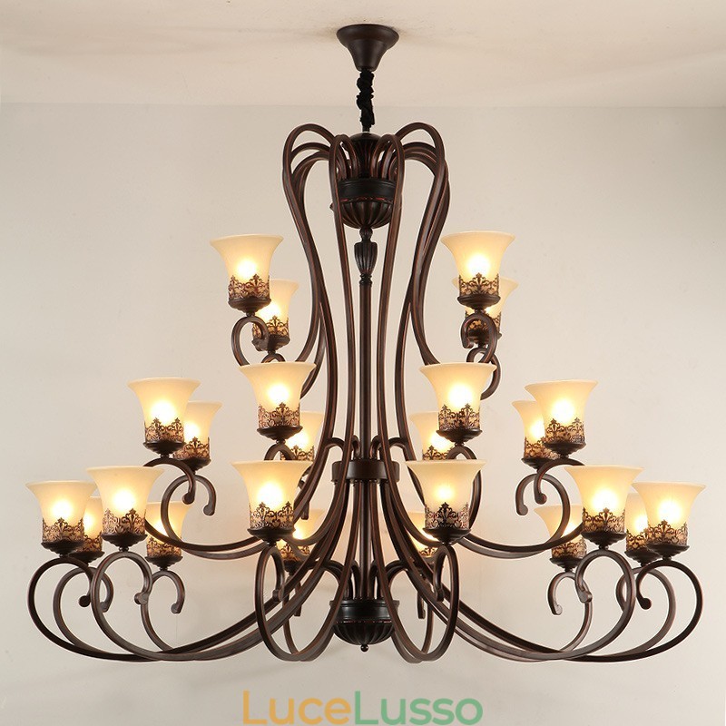 Lampadario in metallo con 24 luci, soffitto alto, stile vintage, stile country, con paralumi in vetro, soffitto alto