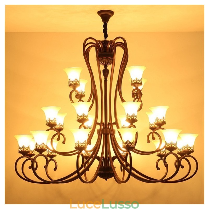 Lampadario in metallo con 24 luci, soffitto alto, stile vintage, stile country, con paralumi in vetro, soffitto alto