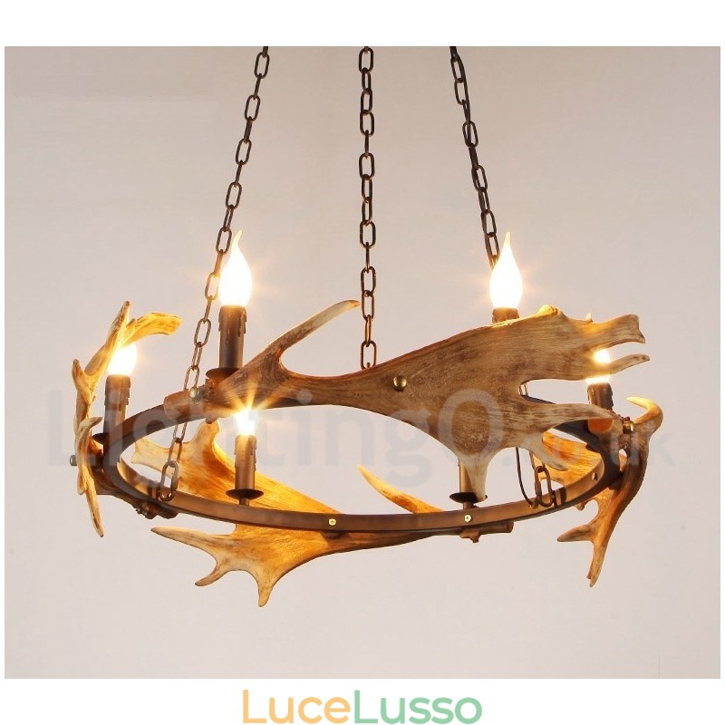 Lampadario rustico a forma di corna di cervo a 6 luci