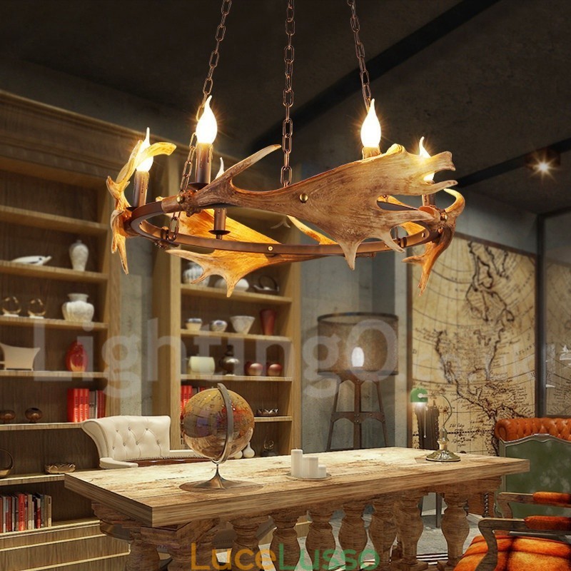 Lampadario rustico a forma di corna di cervo a 6 luci