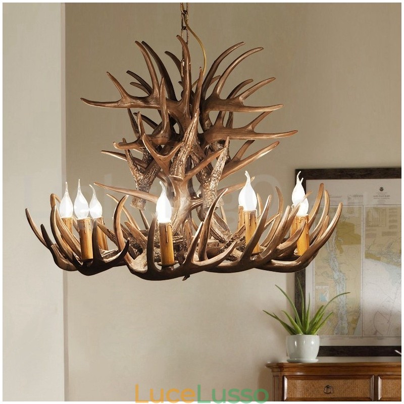 Lampadario retrò in corna di cervo artistico rustico a 9 luci