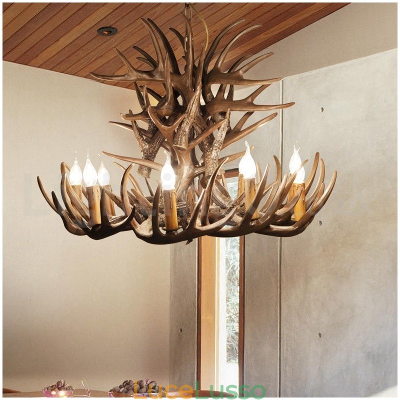 Lampadario retrò in corna di cervo artistico rustico a 9 luci
