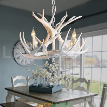 Lampadario rustico artistico retrò a 4 luci in corna di cervo bianco Lampadario rustico artistico retrò a 4 luci in corna di cervo bianco