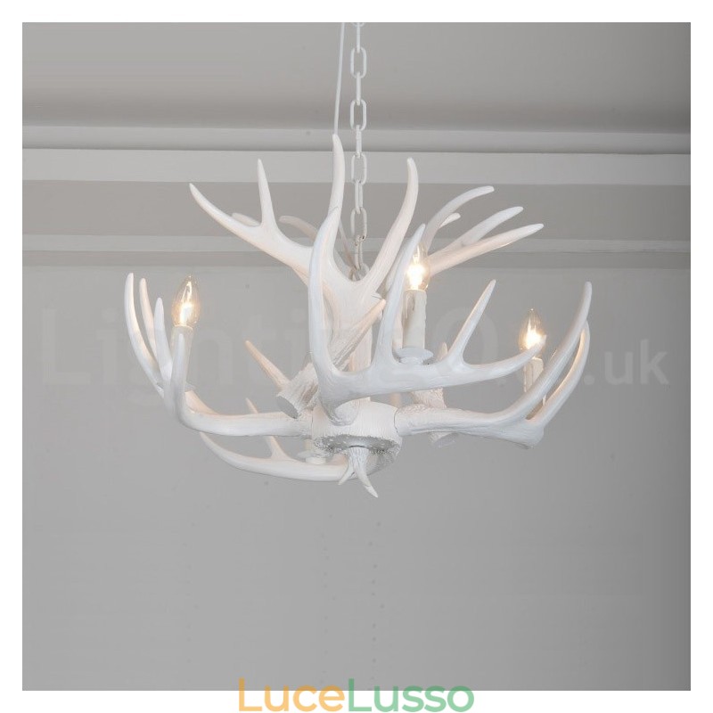 Lampadario rustico artistico retrò a 4 luci in corna di cervo bianco