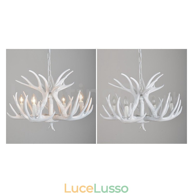Lampadario rustico artistico retrò a 4 luci in corna di cervo bianco