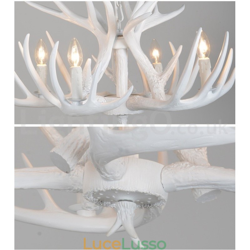 Lampadario rustico artistico retrò a 4 luci in corna di cervo bianco
