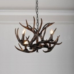 Lampadario rustico artistico retrò a 4 luci con sfumatura nera in corna di cervo
