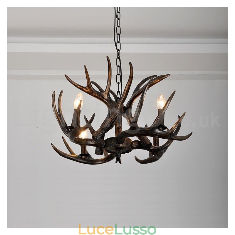 Lampadario rustico artistico retrò a 4 luci con sfumatura nera in corna di cervo