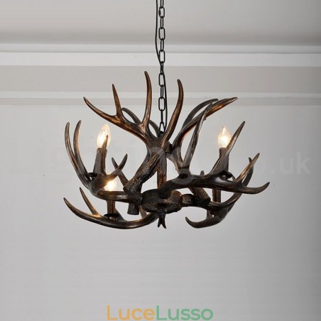 Lampadario rustico artistico retrò a 4 luci con sfumatura nera in corna di cervo Lampadario rustico artistico retrò a 4 luci con sfumatura nera in corna di cervo