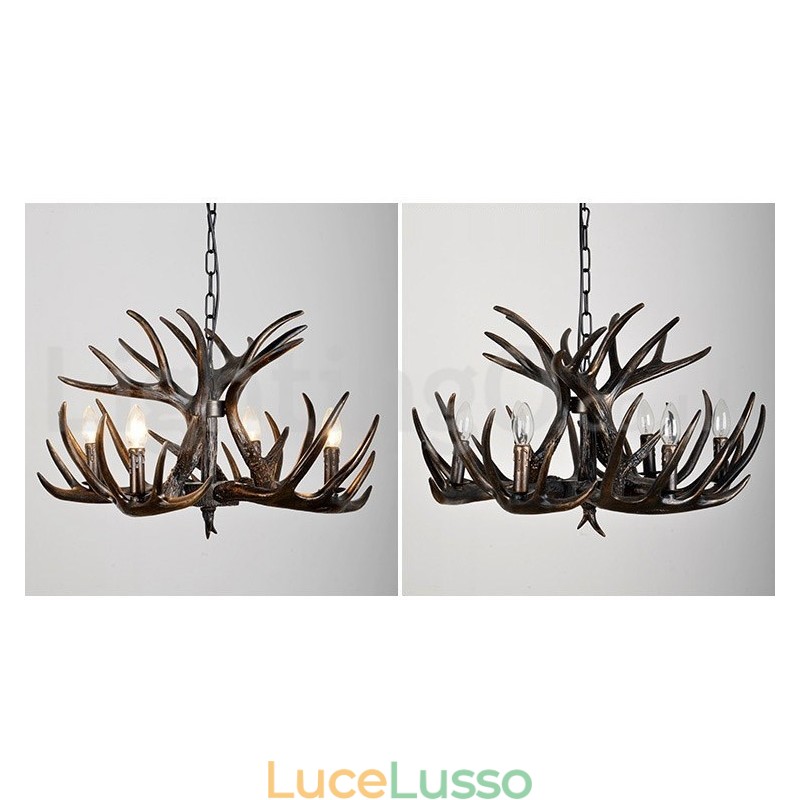 Lampadario rustico artistico retrò a 4 luci con sfumatura nera in corna di cervo