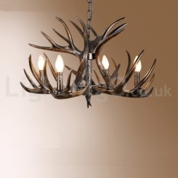 Lampadario rustico artistico retrò a 4 luci con sfumatura nera in corna di cervo