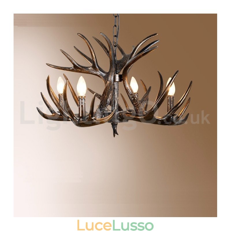 Lampadario rustico artistico retrò a 4 luci con sfumatura nera in corna di cervo