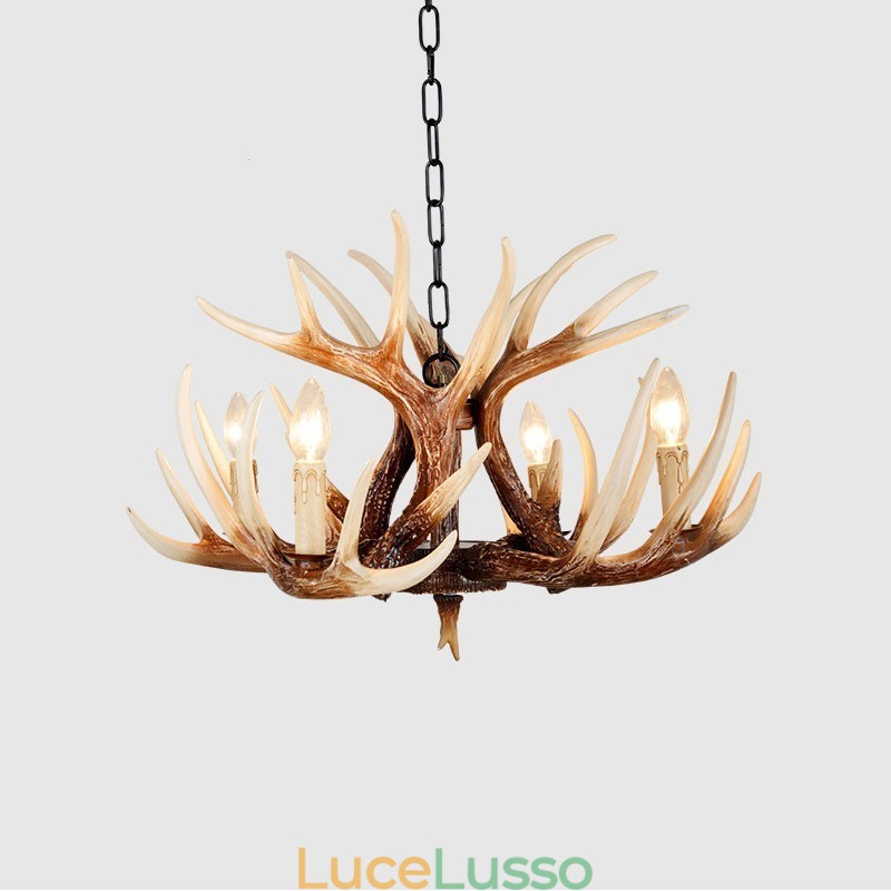 Lampadario antico retrò artistico rustico a 4 luci con corna di cervo