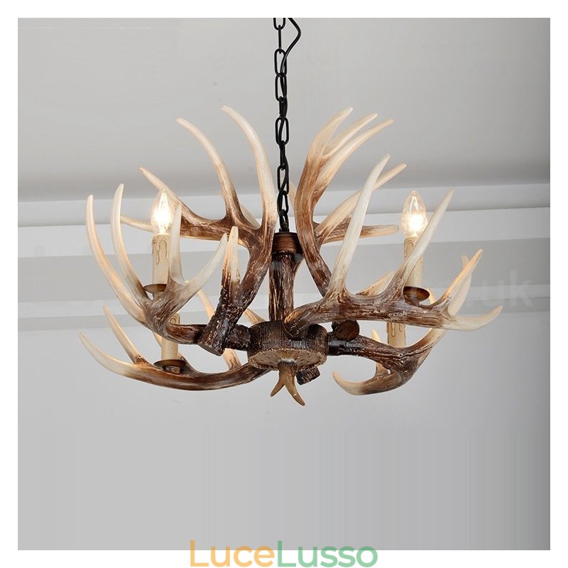 Lampadario antico retrò artistico rustico a 4 luci con corna di cervo