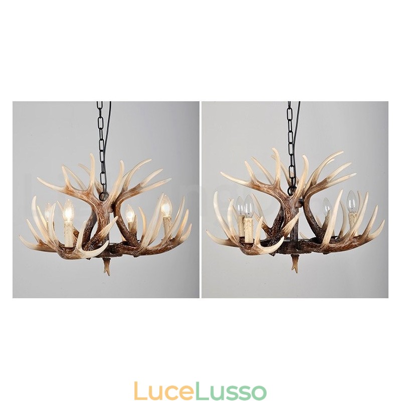 Lampadario antico retrò artistico rustico a 4 luci con corna di cervo