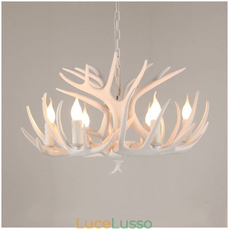 Lampadario rustico artistico retrò in corna di cervo bianco a 6 luci
