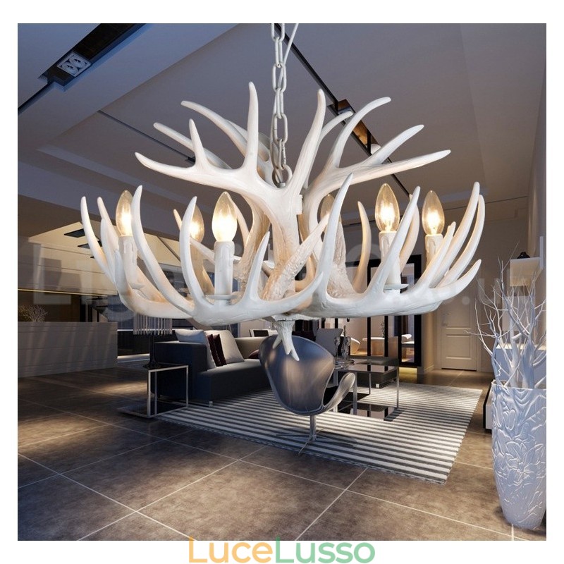 Lampadario rustico artistico retrò in corna di cervo bianco a 6 luci