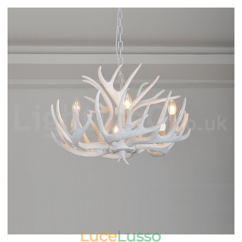 Lampadario rustico artistico retrò in corna di cervo bianco a 6 luci