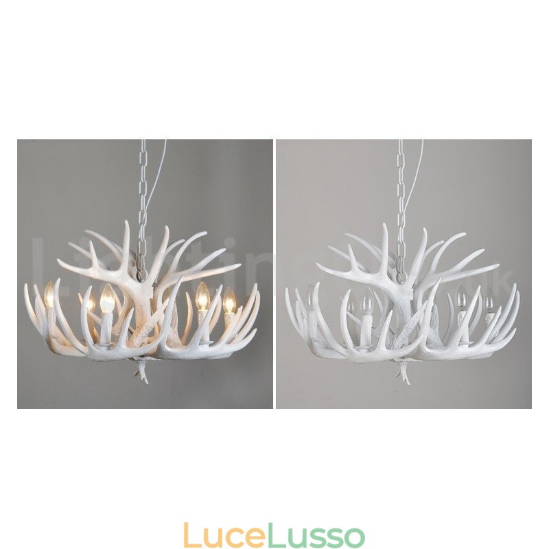 Lampadario rustico artistico retrò in corna di cervo bianco a 6 luci