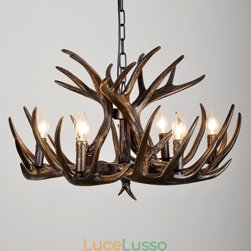 Lampadario rustico artistico retrò in corna di cervo nero a 6 luci