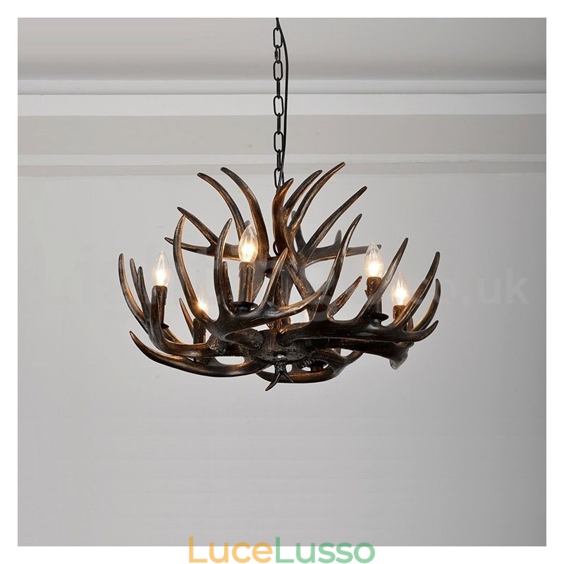 Lampadario rustico artistico retrò in corna di cervo nero a 6 luci