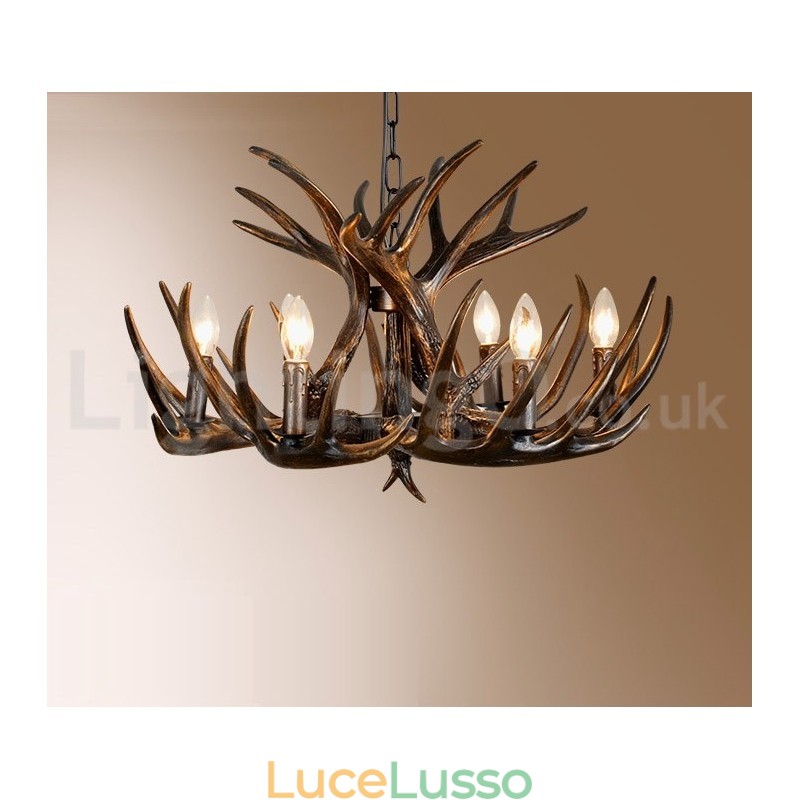 Lampadario rustico artistico retrò in corna di cervo nero a 6 luci