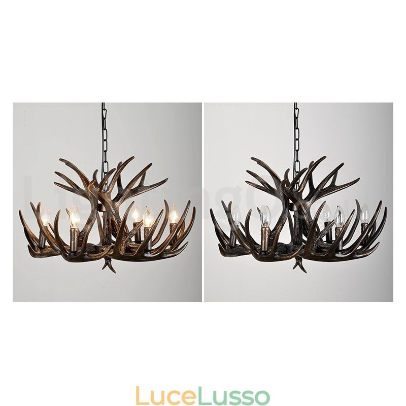 Lampadario rustico artistico retrò in corna di cervo nero a 6 luci