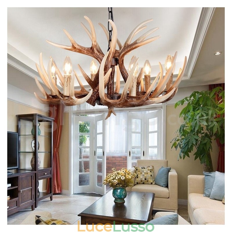 Lampadario vintage retrò in corna di cervo artistico rustico a 6 luci