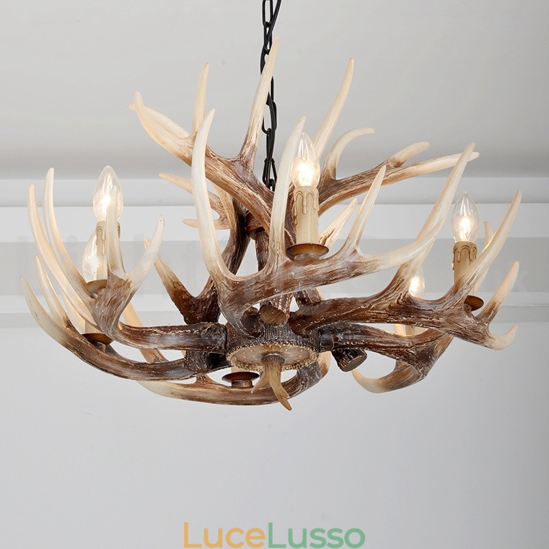 Lampadario vintage retrò in corna di cervo artistico rustico a 6 luci