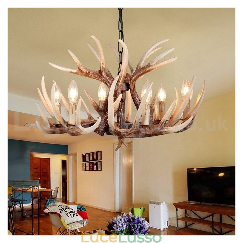 Lampadario vintage retrò in corna di cervo artistico rustico a 6 luci