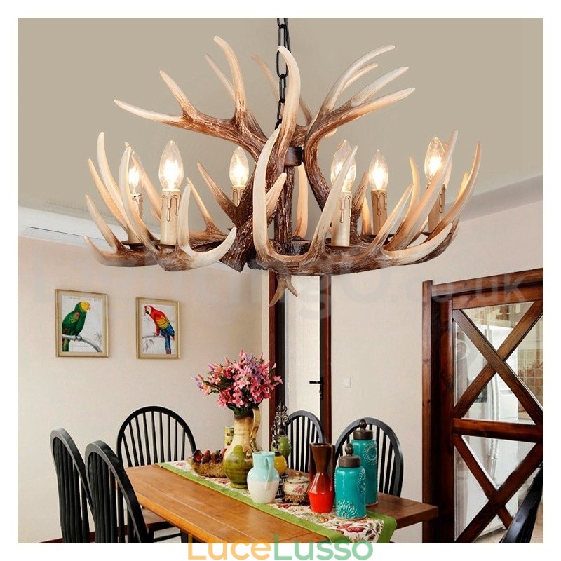 Lampadario vintage retrò in corna di cervo artistico rustico a 6 luci