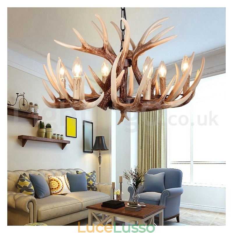Lampadario vintage retrò in corna di cervo artistico rustico a 6 luci