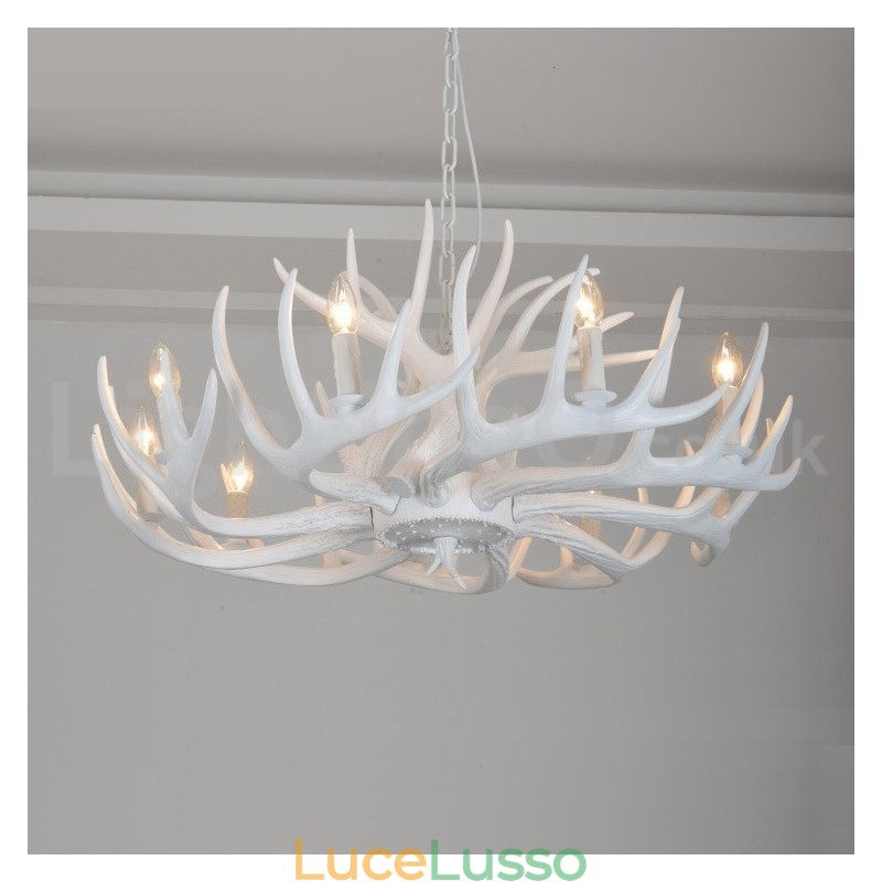 Lampadario rustico artistico retrò in corna di cervo bianco a 9 luci
