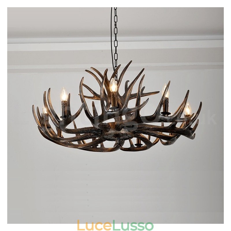 Lampadario rustico artistico retrò in corna di cervo nero a 9 luci