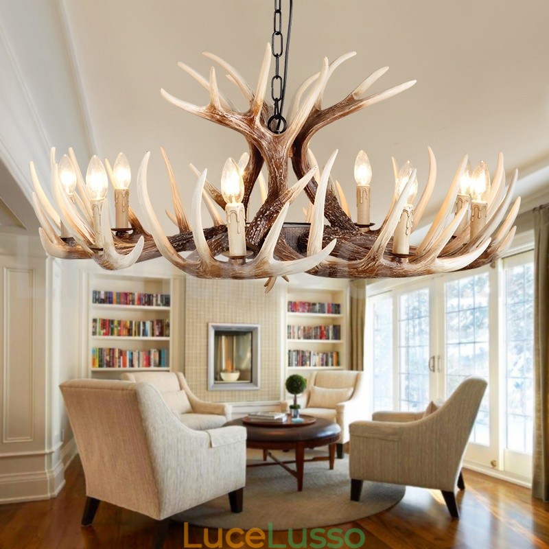 Lampadario vintage retrò in corna di cervo artistico rustico a 9 luci