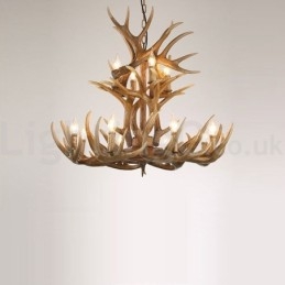 Lampadario vintage retrò in corna di cervo, 12 luci, 2 cravatte, rustico e artistico