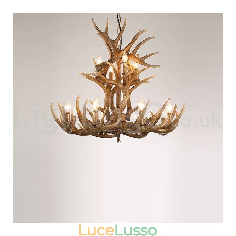 Lampadario vintage retrò in corna di cervo, 12 luci, 2 cravatte, rustico e artistico