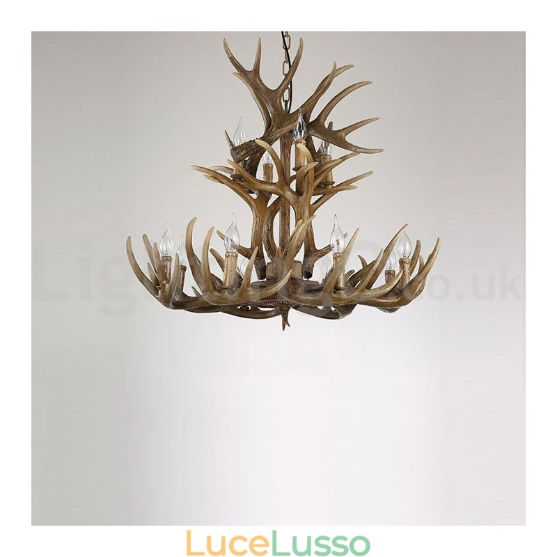 Lampadario vintage retrò in corna di cervo, 12 luci, 2 cravatte, rustico e artistico