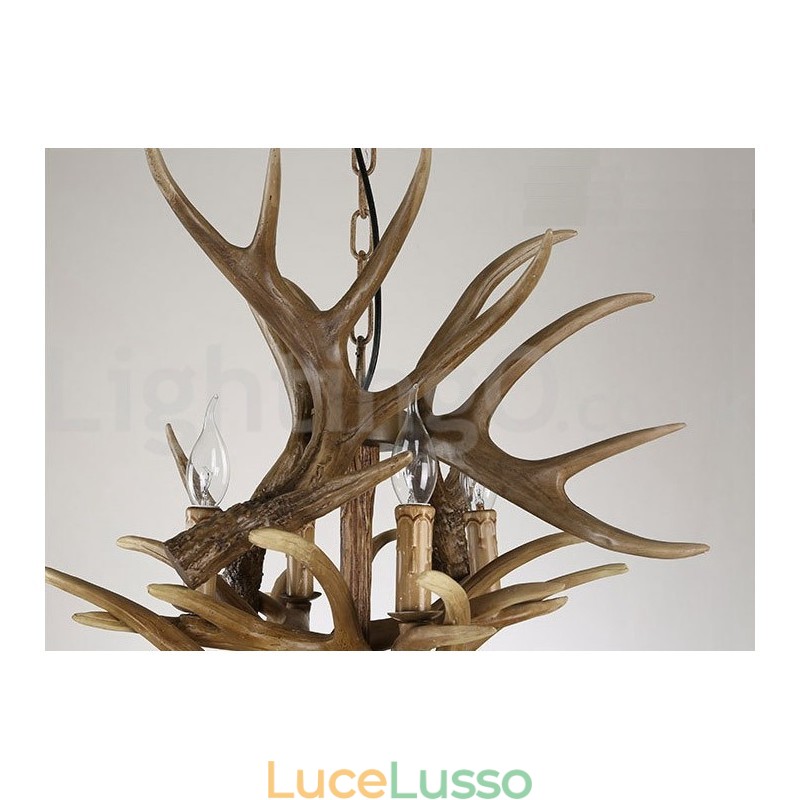 Lampadario vintage retrò in corna di cervo, 12 luci, 2 cravatte, rustico e artistico