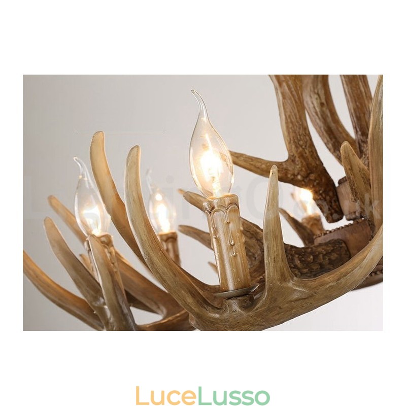 Lampadario vintage retrò in corna di cervo, 12 luci, 2 cravatte, rustico e artistico