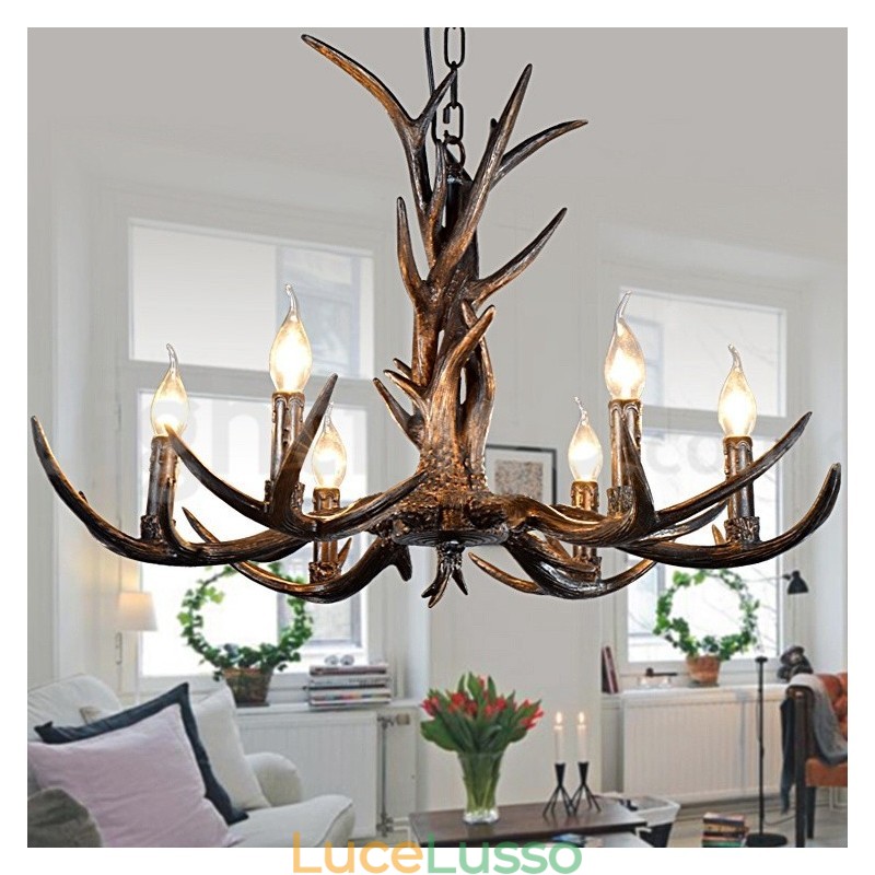 Lampadario vintage in stile retrò rustico artistico a 6 luci, in corna di cervo nere