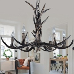 Lampadario vintage in stile retrò rustico artistico a 6 luci, in corna di cervo nere