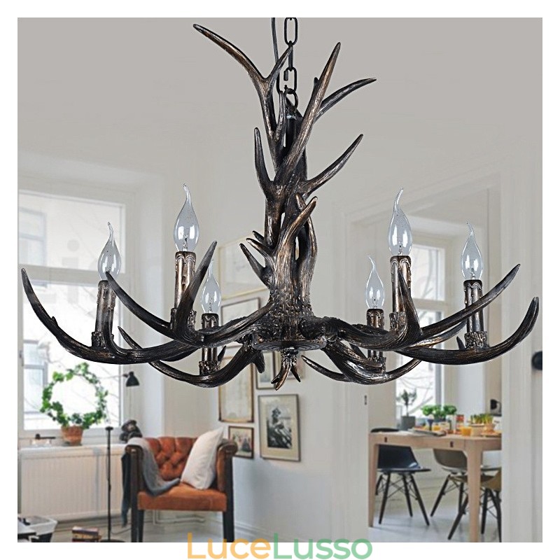 Lampadario vintage in stile retrò rustico artistico a 6 luci, in corna di cervo nere