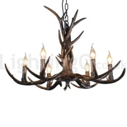 Lampadario vintage in stile retrò rustico artistico a 6 luci, in corna di cervo nere