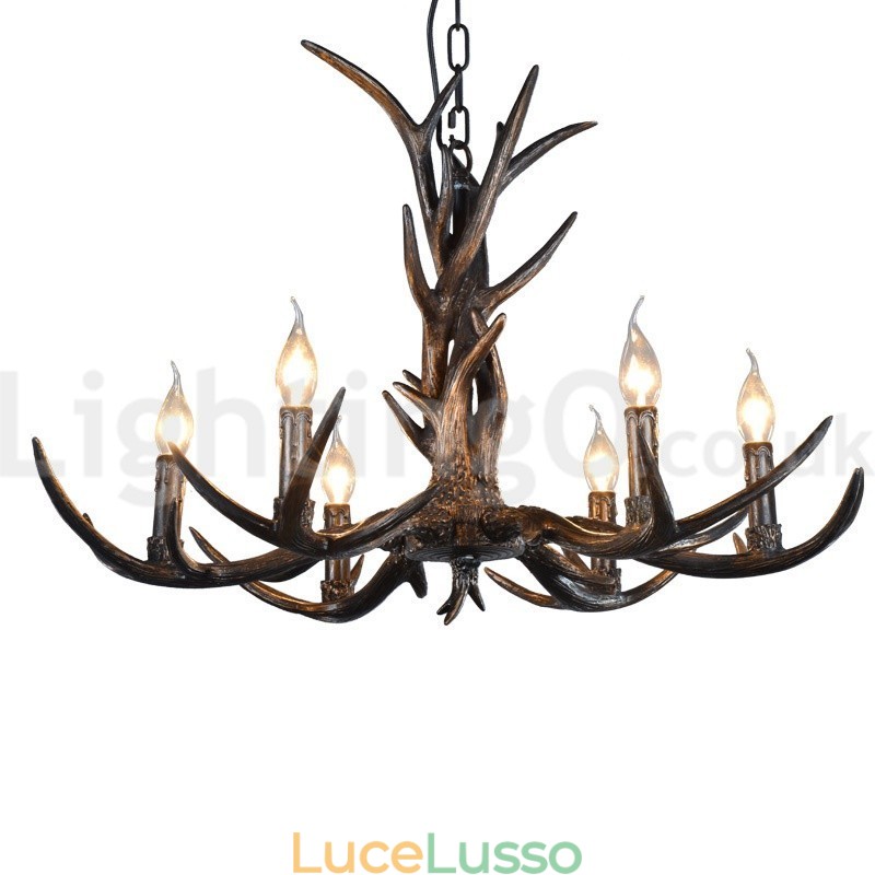 Lampadario vintage in stile retrò rustico artistico a 6 luci, in corna di cervo nere