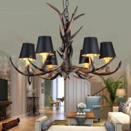 Lampadario vintage in stile retrò rustico artistico a 6 luci, in corna di cervo nere