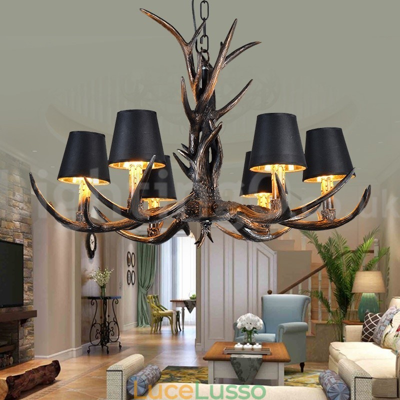 Lampadario vintage in stile retrò rustico artistico a 6 luci, in corna di cervo nere